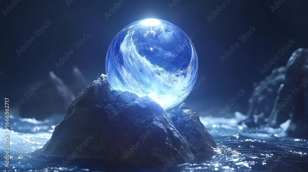 Fototapeta premium Mystical Ocean Sphere, Nature Scene, Fantasy Landscape, Digital Art, Ethereal Environment, Close-Up Viewpoint