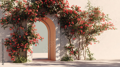 Beautiful archway adorned with blooming bougainvillea in a serene garden setting during bright daylight