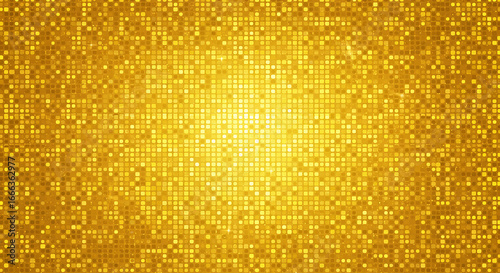 Gold disco party pattern. Yellow square sequin mosaic texture background. Abstract golden shining glitter halftone wallpaper. Pop up comic sparkling glitter backdrop. Retro vector design template