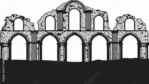 Illustration of a ruined building facade with arches and columns in a black and white silhouette style |  editable eps vectors