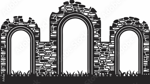 Illustration of a ruined stone structure with three arched openings and grass at the base in black and white |  editable eps vectors silhouette