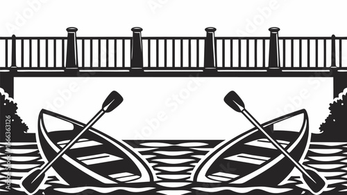 Two boats on water with paddles under a bridge in black and white scenic landscape illustration |  editable eps vectors silhouette