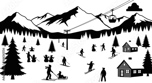 Dynamic ski resort scene with skiers, snowmen, cabins, and mountains