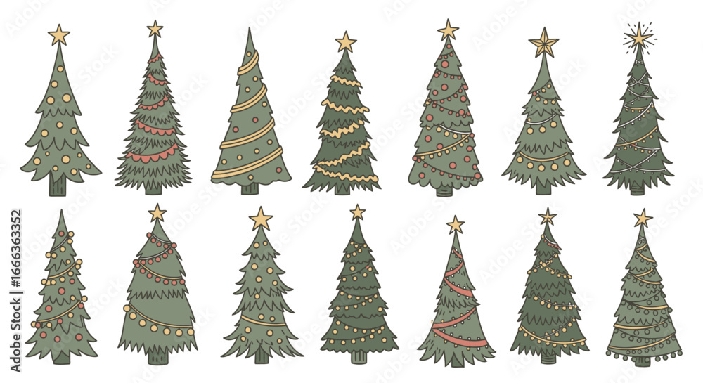 Obraz premium Festive Christmas tree illustrations perfect for holiday cards and seasonal designs
