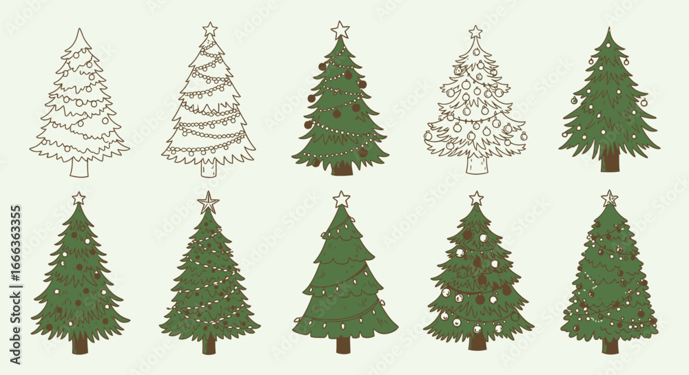 Fototapeta premium Festive Christmas trees with ornaments and lights for seasonal holiday design