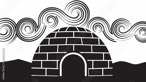 Monochrome illustration of an igloo under swirling clouds with a black and white color scheme design |  editable eps vectors silhouette