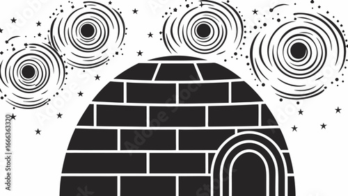 Illustration of a black and white igloo with a starry sky and swirling clouds in the background design |  editable eps vectors silhouette