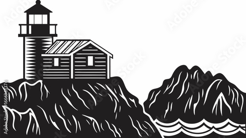 Black and white illustration of a lighthouse and house on a cliff overlooking the ocean waves scene |  editable eps vectors silhouette