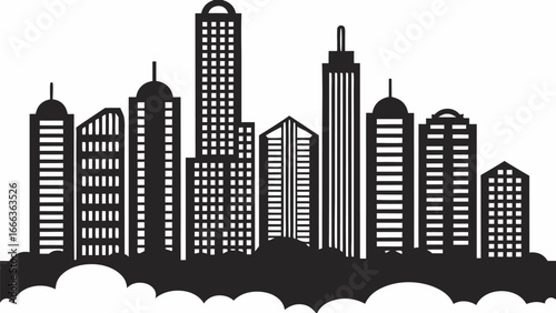 Silhouette of a city skyline with various buildings and cloud like shapes at the bottom edge of the image |  editable eps vectors