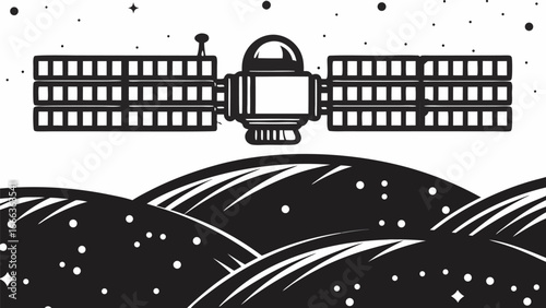 Illustration of a satellite with solar panels above a stylized landscape with stars in black and white |  editable eps vectors silhouette