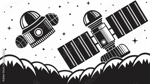 Two satellites orbiting above stylized clouds and stars in a black and white illustration |  editable eps vectors silhouette