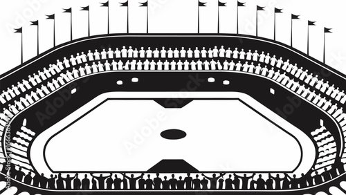 Illustration of a stadium with flags and crowds of people in black and white vector design art |  editable eps vectors silhouette