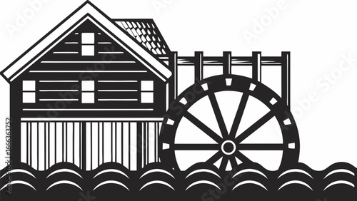 Illustration of a watermill house with a large water wheel and wavy water lines in a black and white style |  editable eps vectors silhouette