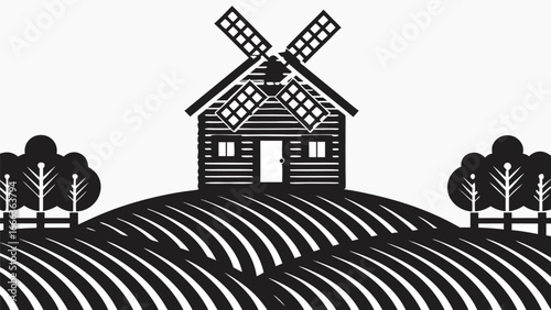 Black and white illustration of a windmill on a hill with trees and a wooden fence in the countryside |  editable eps vectors silhouette