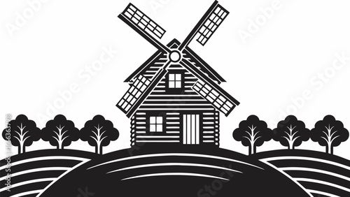Black and white illustration of a windmill on a hill surrounded by trees in a rural landscape scene |  editable eps vectors silhouette