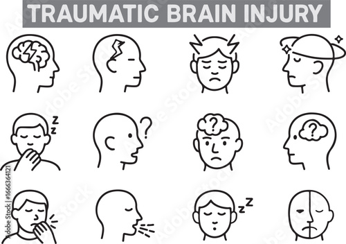 Traumatic Brain Injury Symptoms Icons Set of Neurology and Mental Health Disorders

