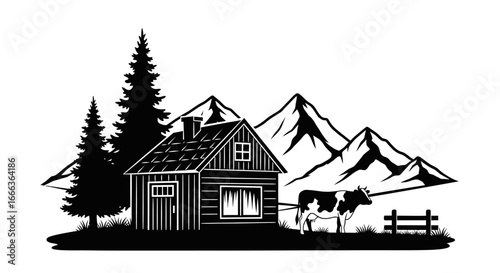 Rustic cabin scene with mountains, cow, and serene landscape for peaceful living
