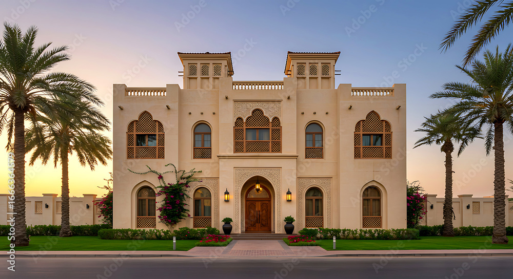 Obraz premium Charming Dubai home exterior featuring cultural details and stylish architecture
