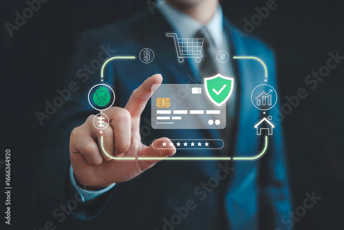 Business professional interacting with secure digital payment system featuring credit card shield and network connections