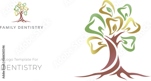 Family Dental Care Logo Design. Abstract Teeth and Tree Concept. Medical Care Vector Logo Illustration.

