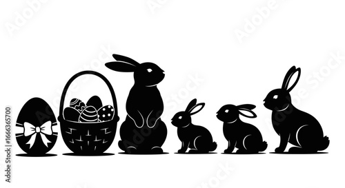 Elegant Easter silhouette with bunnies, basket, and decorated eggs for holiday joy