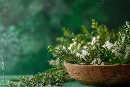 Generative AI image of assorted dried herbs lined up on green background representing alternative herbal medicine and natural remedies