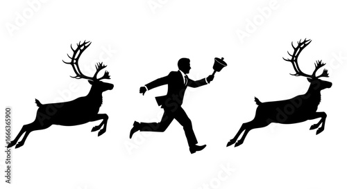 Businessman chasing reindeer with bell, symbolizing Christmas spirit and holiday rush