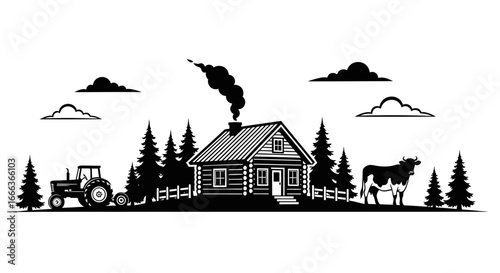 Rustic cabin scene with tractor and cow, evoking peaceful countryside living