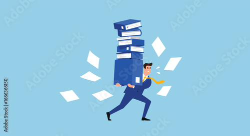 Workload stress, overwhelmed employee, productivity pressure, falling binders, urgent task, business chaos, paperwork overload, time crunch, burnout risk
