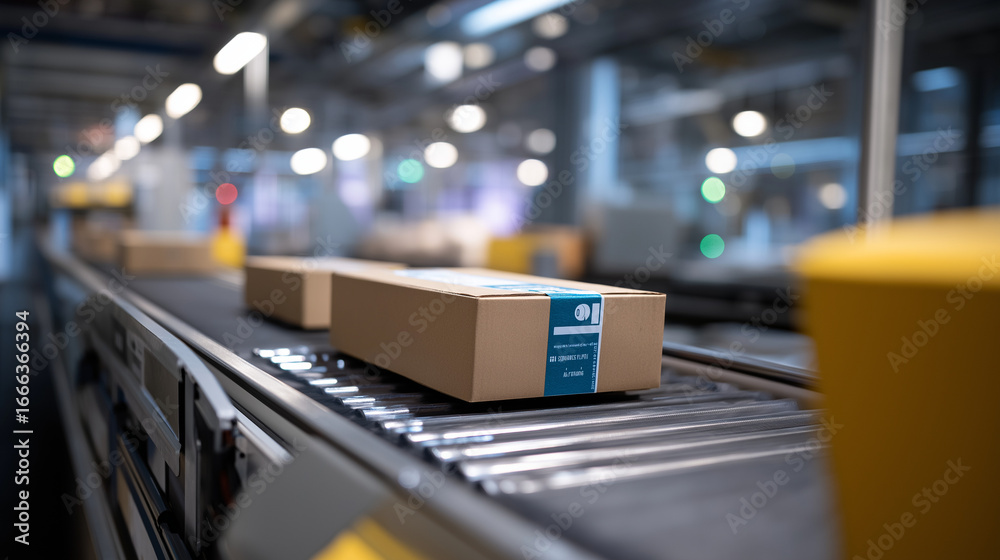 Fototapeta premium Automated Robotics Sorting Facility Streamlining Package Fulfillment, representing recruitment optimization, employee development, succession planning and organizational excellence