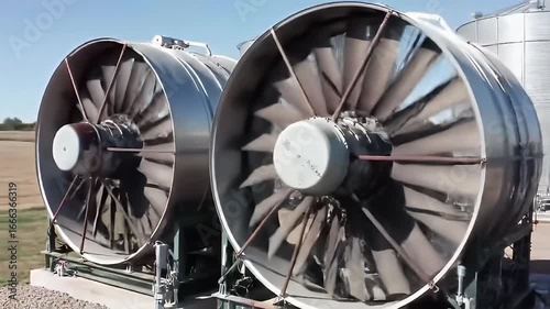 Two giant spinning ventilation fans near silver metal grain silos on a sunny day