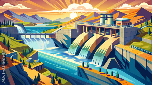 Hydroelectric dam viewed in grandeur, water discharges through locks with power, nature’s force harnessed, human innovation transforms river’s strength, dynamic vision of sustainability captured in 