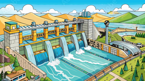 Hydroelectric dam viewed in grandeur, water discharges through locks with power, nature’s force harnessed, human innovation transforms river’s strength, dynamic vision of sustainability captured in 