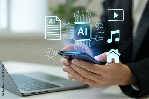 Business professional using smartphone with ai interface displaying data documents music video and home icons suggesting smart technology integration