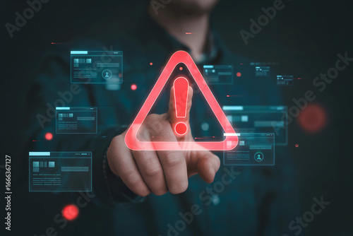 Wallpaper Mural Cybersecurity alert hand touching digital warning triangle over data interface screen with security threat notification and system error. Torontodigital.ca