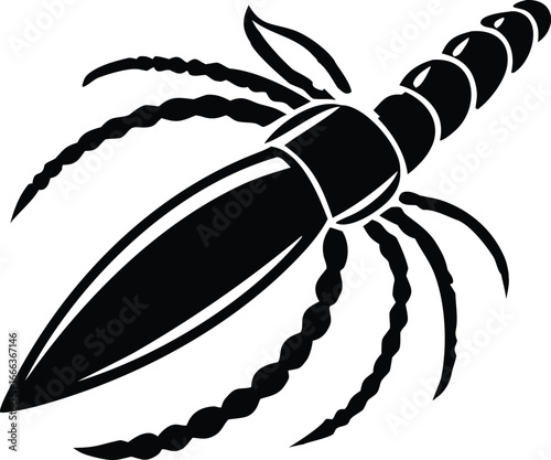 Black and white stylized bullet with segmented body and fins on white background ammunition weapon