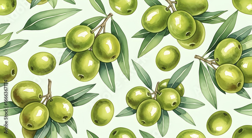 Olive branch Pattern with green leaves and fruits. Hand drawn background for textile or wrapping paper. Watercolor illustration for fabric print