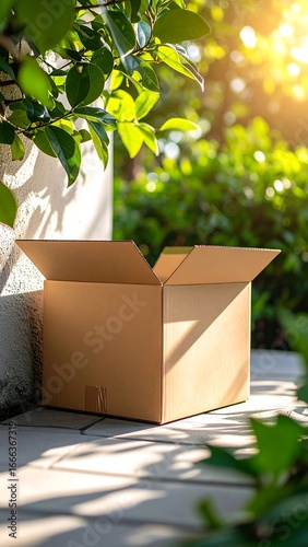 Open cardboard box outdoors, sunlight