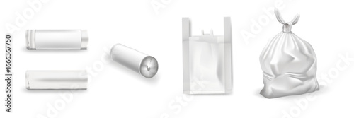 White plastic garbage bags collection. Realistic tied sack, shopping bag and rolled liners for household waste, cleaning, packaging or recycling. Isolated vector illustration