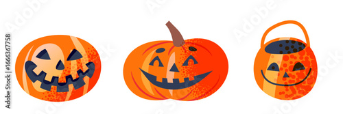 Halloween pumpkins with carved smiling face. Cartoon vector illustrations set isolated on transparent background.