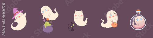 Halloween ghost collection. Funny cartoon spirits with witch hat, potion cauldron, cat costume, trick or treat pumpkin, and magic bottle. Cute spooky characters for kids. Flat vector illustration.