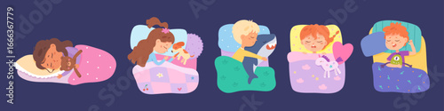 Sleeping kids with plush toys, children resting peacefully in cozy beds with stuffed animals. Vector cute bedtime illustration showing boys and girls hugging their favorite toys while sleeping.
