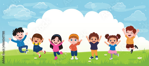Happy Children Playing Outside, elementary or kindergarten kids, boys and girls of different race