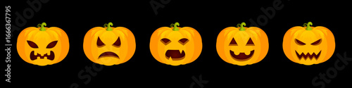 Halloween pumpkin faces collection. Set of carved pumpkins with different spooky, funny and scary expressions for autumn holiday decoration and party design. Cartoon vector illustration.