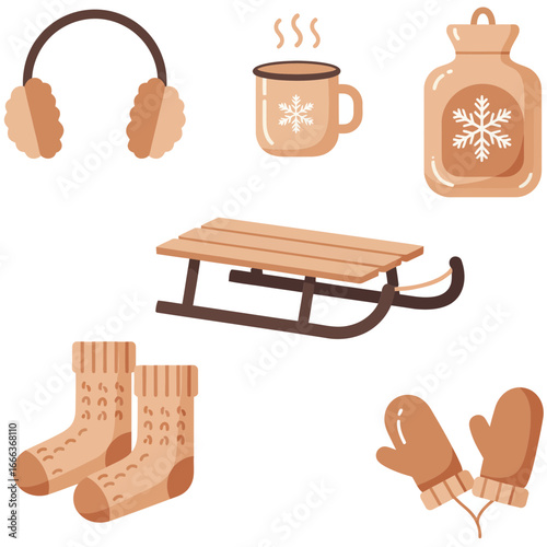 Cozy Winter Essentials Flat-Lay Illustration of Earmuffs, Hot Drink, Sled, Socks, and Mittens.