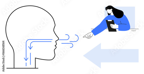 Diagram of airflow through the human head with arrows and a person holding a clipboard, pointing. Ideal for health, education, analysis, communication, research, breathing exercises, simple landing