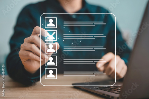 Recruiter reviews candidate profiles on transparent screen selecting best fit for job opportunity hr hiring process concept close up