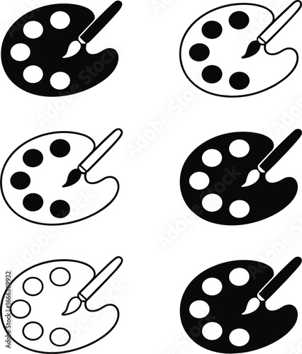 Six Black and White Icons of Paint Palettes and Brushes artist painting