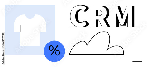 White t-shirt, CRM text, blue discount symbol, and cloud motif. Ideal for e-commerce, retail, customer management, sales, branding marketing data analytics simple flat metaphor