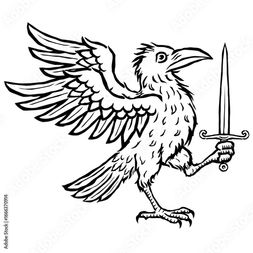 Hand drawn engraving style raven holding sword. Vintage medieval heraldic bird illustration in gothic style, ideal for tattoo design, folklore projects, TTRPG graphics, fantasy art.